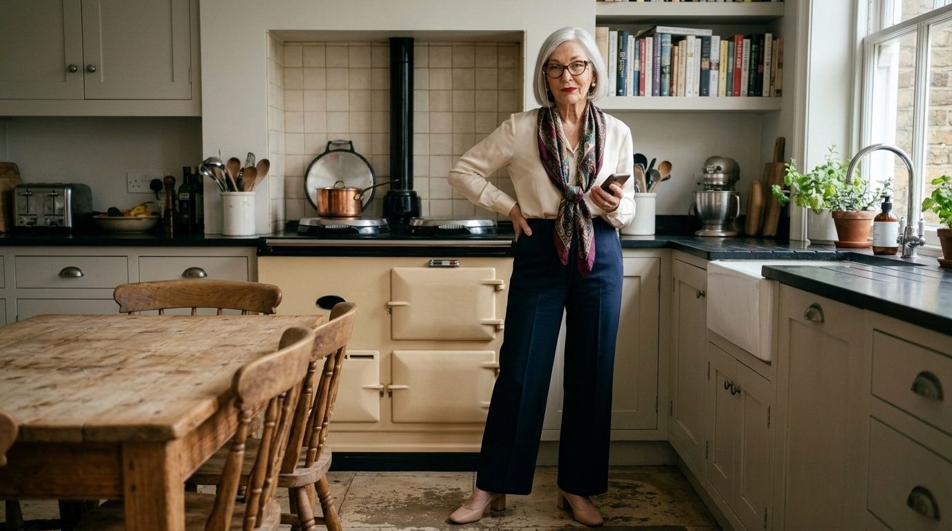 Pat standing in her kitchen by the Aga, checking her phone