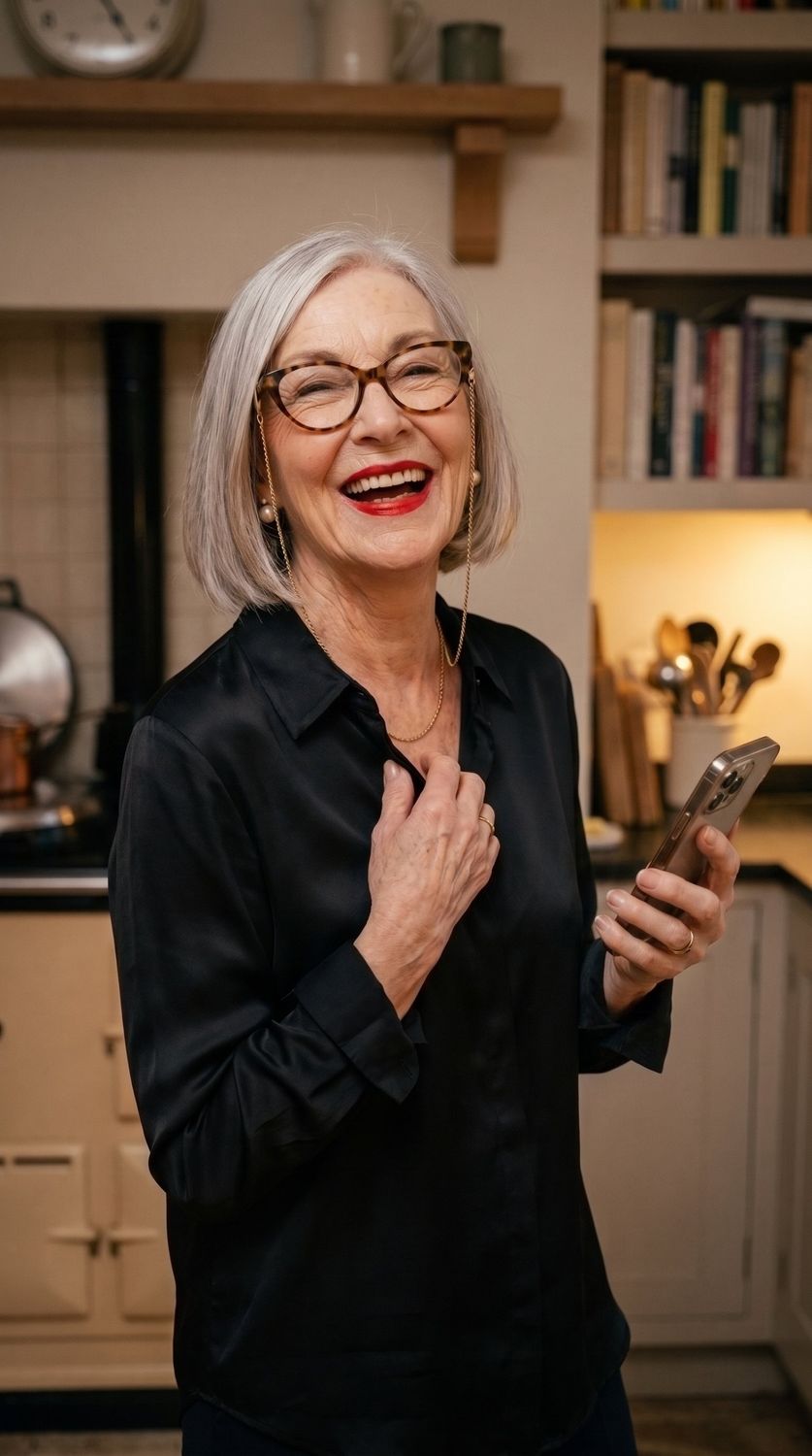 Pat laughing at a message on her phone in her kitchen