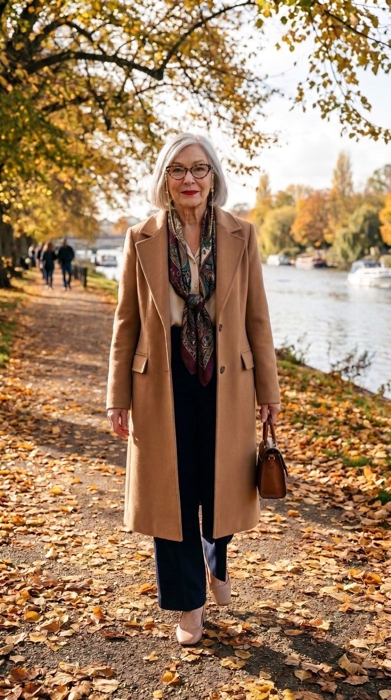 Pat walking by the river in autumn in a camel coat and paisley scarf